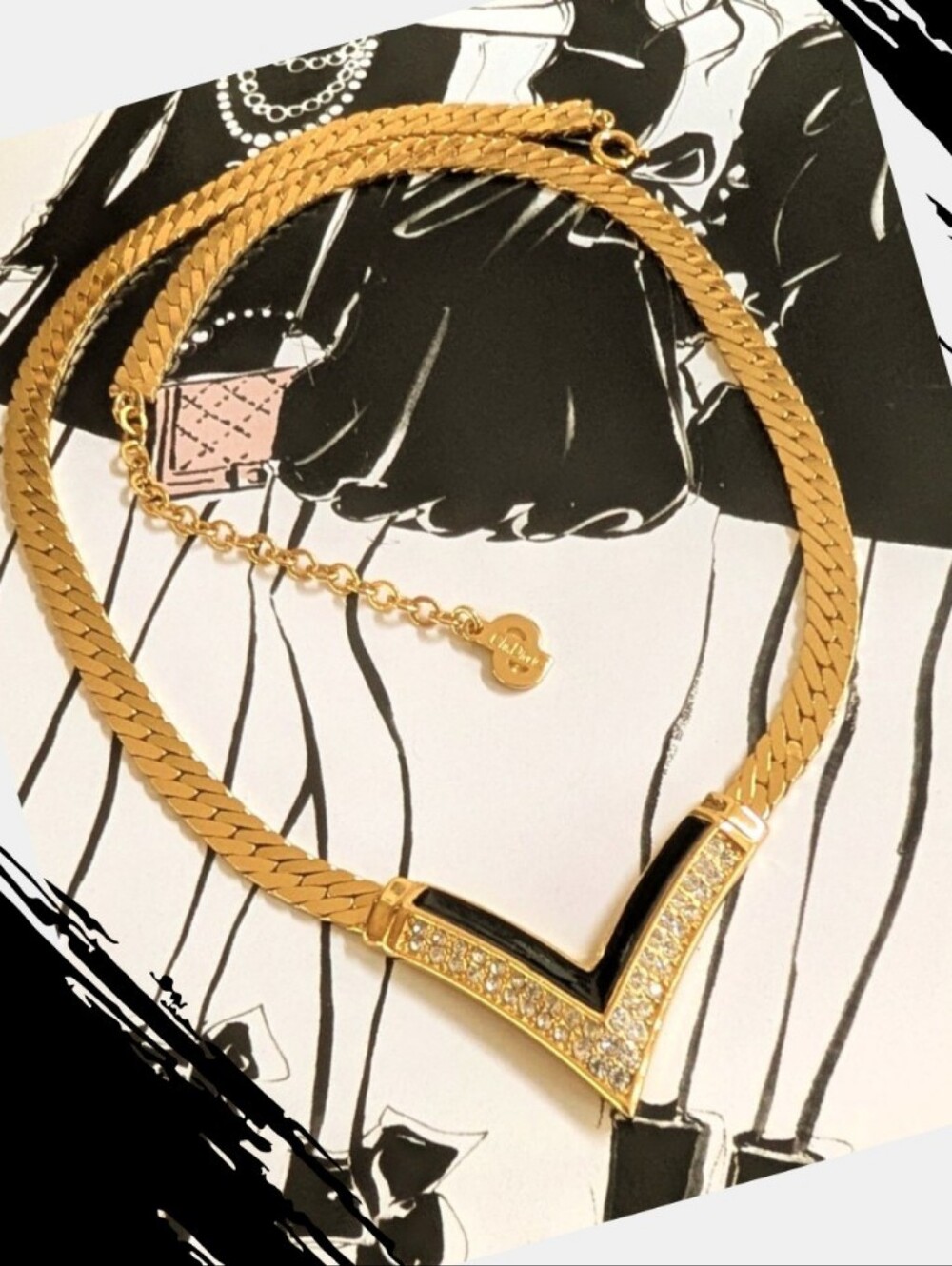 MINT Christian Dior Vintage Gold Plated Swarovski Crystal Enamel Necklace